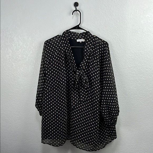 Calvin Klein Black  Cream Polka Dot Blouse Flowy 3/4 Sleeves Career Sz 2X Office - Picture 1 of 9